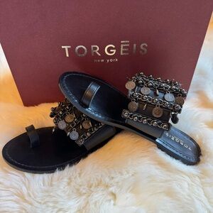 ✨ NWT TORGEIS ~ Eden Boho | Black Leather Coin Slide | Vacation Chic | Size 6.5